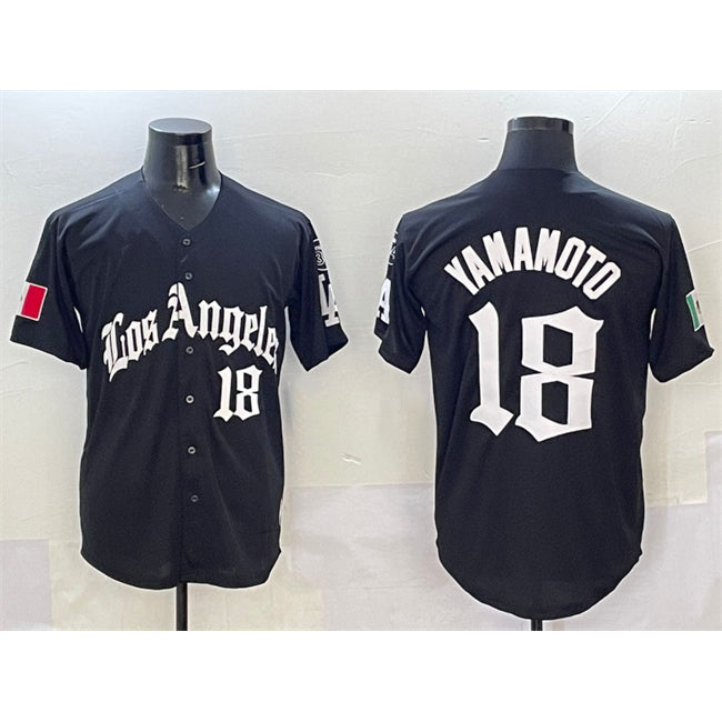 Los Angeles Dodgers #18 Yoshinobu Yamamoto Black MWATKINS Mexico 2025 LA Gothic Style With Fernando Patch Vapor Premier Limited Stitched Jersey