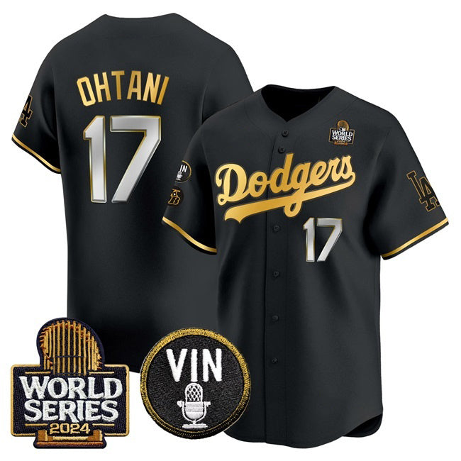 Los Angeles Dodgers #17 Shohei Ohtani Black Gold MWATKINS 2024 World Series Vin & Kobe Patch Limited Stitched Jersey