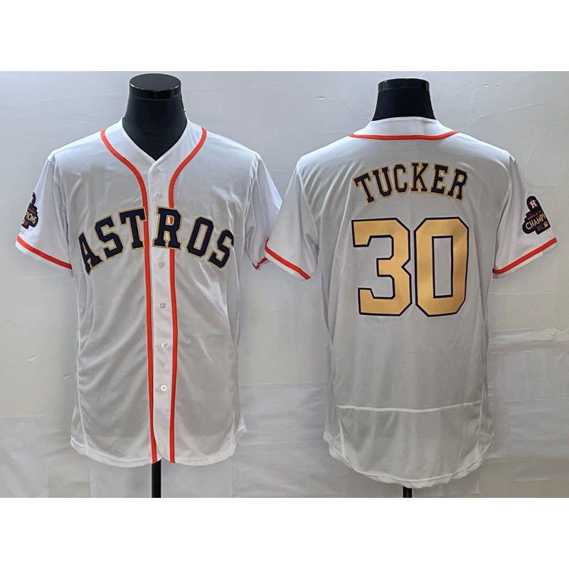 Houston Astros #30 Kyle Tucker 2023 White Gold MWATKINS World Serise Champions Patch Flex Base Stitched Jersey