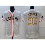 Houston Astros #30 Kyle Tucker 2023 White Gold MWATKINS World Serise Champions Patch Flex Base Stitched Jersey
