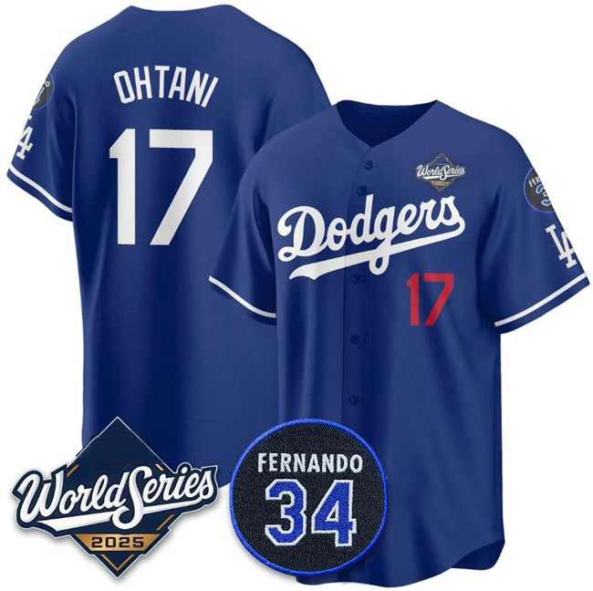 Los Angeles Dodgers #17 Shohei Ohtani Royal MWATKINS 2025 World Series With No.34 Patch Limited Stitched Jersey