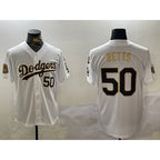 Los Angeles Dodgers #50 mookie betts white gold MWATKINS 2024 world series with fernando memorial patch limited stitched jersey