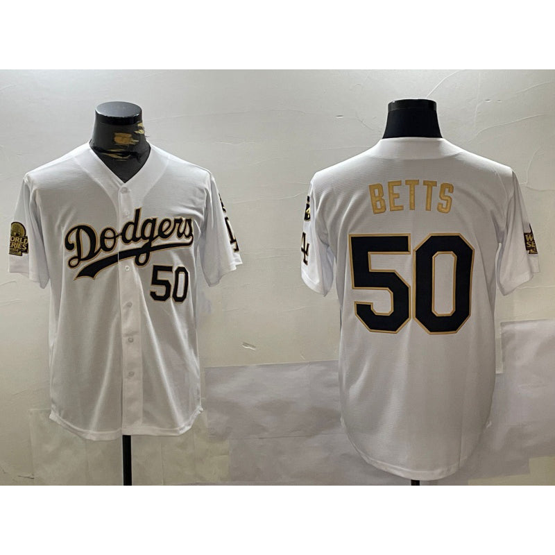 Los Angeles Dodgers #50 mookie betts white gold MWATKINS 2024 world series with fernando memorial patch limited stitched jersey
