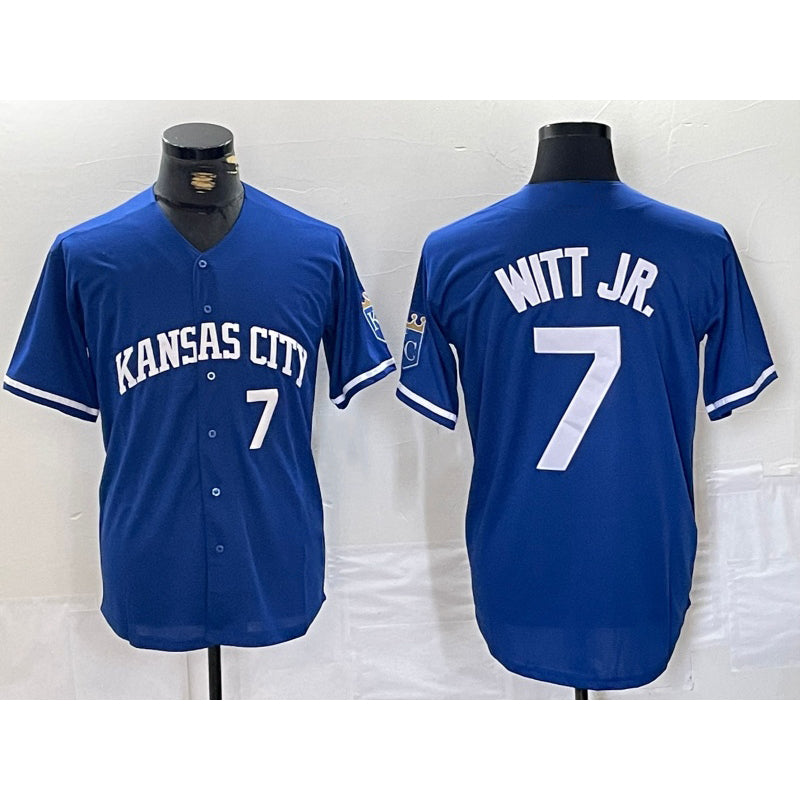 Kansas City Royals #7 Bobby Witt Jr Number Blue MWATKINS Cool Base Stitched Jersey