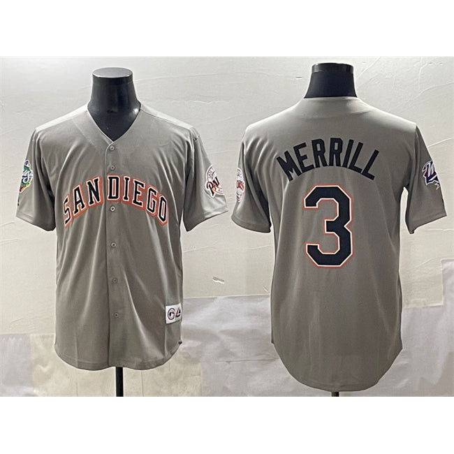 San Diego Padres #3 Jackson Merrill Gray MWATKINS Fashion Throwback With Patch Cool Base Stitched Jersey