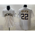 Milwaukee Brewers #22 Christian Yelich White MWATKINS Pinstripe 2025 With Patch Stitched Jersey