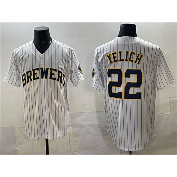 Milwaukee Brewers #22 Christian Yelich White MWATKINS Pinstripe 2025 With Patch Stitched Jersey