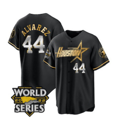 Houston Astros #44 Yordan Alvarez Black Gold MWATKINS 2022 World Series Stitched Jersey