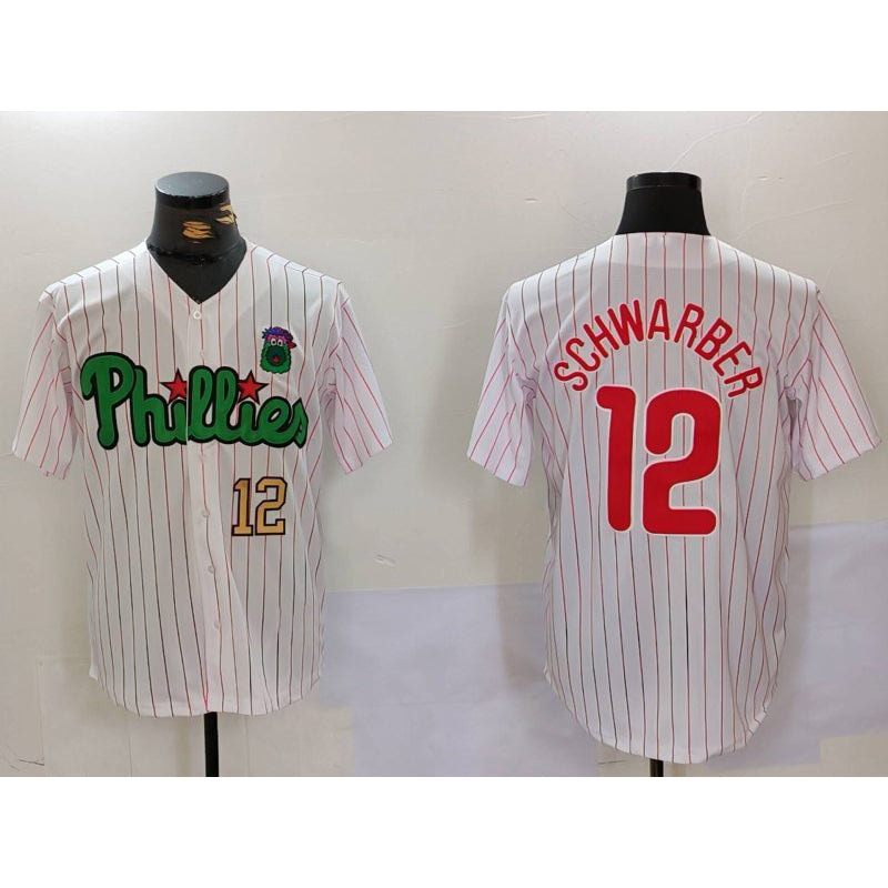 Philadelphia Phillies #12 Kyle Schwarber White Green MWATKINS Cool Base Stitched Jerseys