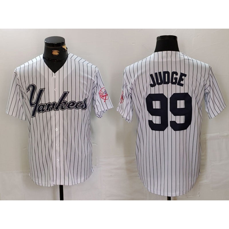 New York Yankees #99 Aaron Judge White MWATKINS Pinstripe Fashion Cool Base Jersey 3