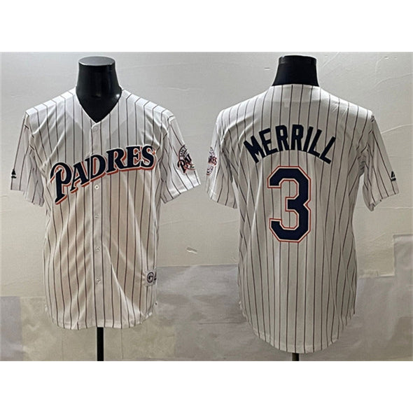 San Diego Padres #3 Jackson Merrill White MWATKINS Throwback With Patch Cool Base Stitched Jersey