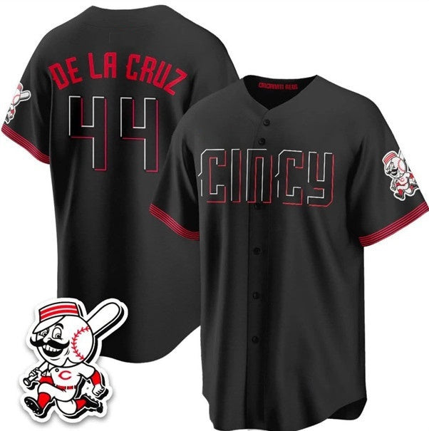 Cincinnati Reds #44 Elly De La Cruz Black MWATKINS City Connect With Patch Limited Stitched Jersey