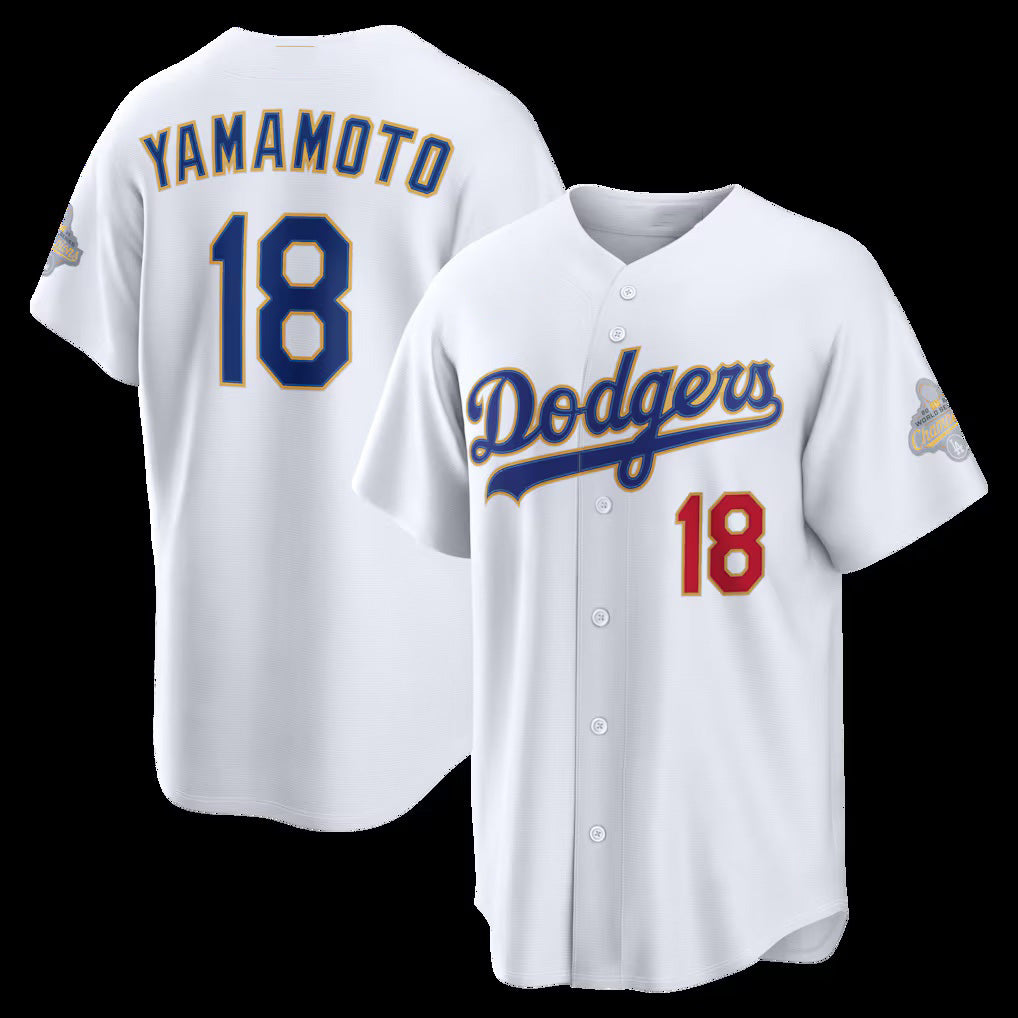 Los Angeles Dodgers #18 Yoshinobu Yamamoto White MWATKINS 2026 Gold Collection Stadium Jersey