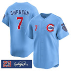 Chicago Cubs #7 Dansby Swanson Blue MWATKINS 'Ryne Sandberg Tribute' Vapor Limited V3 Stitched Jersey