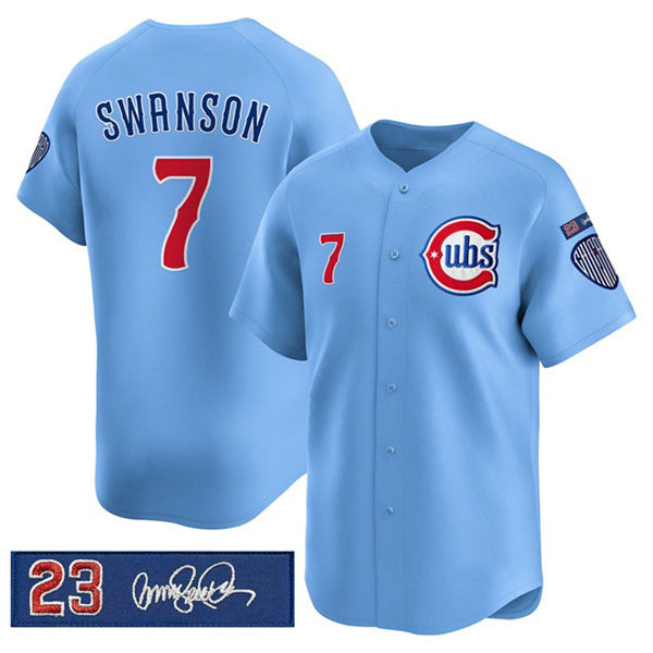 Chicago Cubs #7 Dansby Swanson Blue MWATKINS 'Ryne Sandberg Tribute' Vapor Limited V3 Stitched Jersey