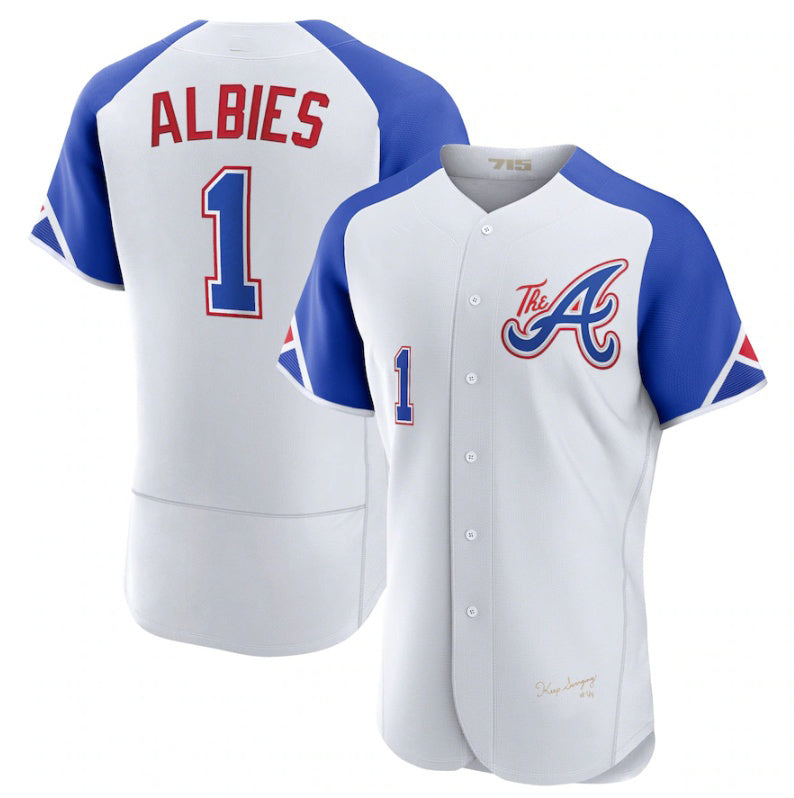 Atlanta Braves #1 Ozzie Albies White MWATKINS 2023 City Connect Flex Base Stitched Jersey