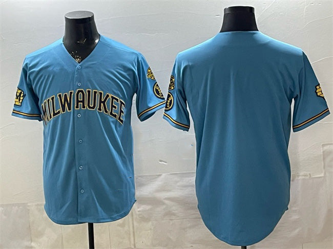 Milwaukee Brewers Blank Blue MWATKINS With Home & Bob Uecker Patch Stitched Jersey