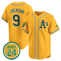 Oakland Athletics #9 Reggie Jackson Yellow MWATKINS 2024 Limited With Rickey Henderson Patch Stitched Jersey