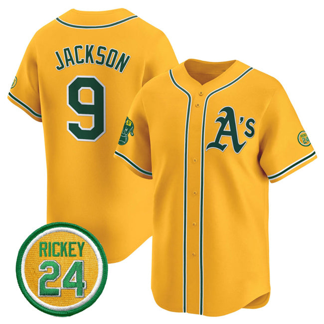 Oakland Athletics #9 Reggie Jackson Yellow MWATKINS 2024 Limited With Rickey Henderson Patch Stitched Jersey