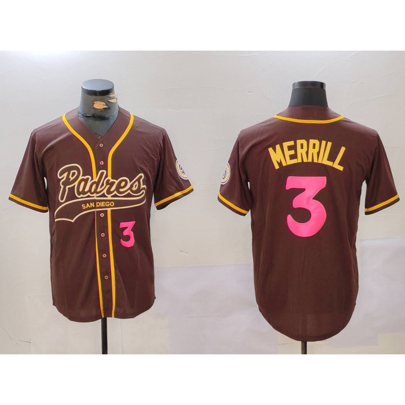 San Diego Padres #3 Jackson Merrill Brown MWATKINS Cool Base Stitched Jersey 2