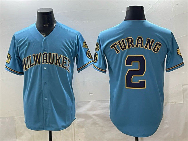 Milwaukee Brewers #2 Brice Turang Blue MWATKINS With Home & Bob Uecker Patch Stitched Jersey