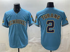 Milwaukee Brewers #2 Brice Turang Blue MWATKINS With Home & Bob Uecker Patch Stitched Jersey