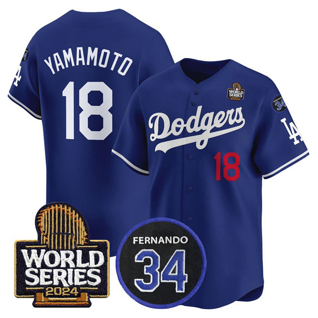 Los Angeles Dodgers #18 Yoshinobu Yamamoto Royal MWATKINS 2024 World Series With Fernando Memorial Patch Limited Stitched Jersey