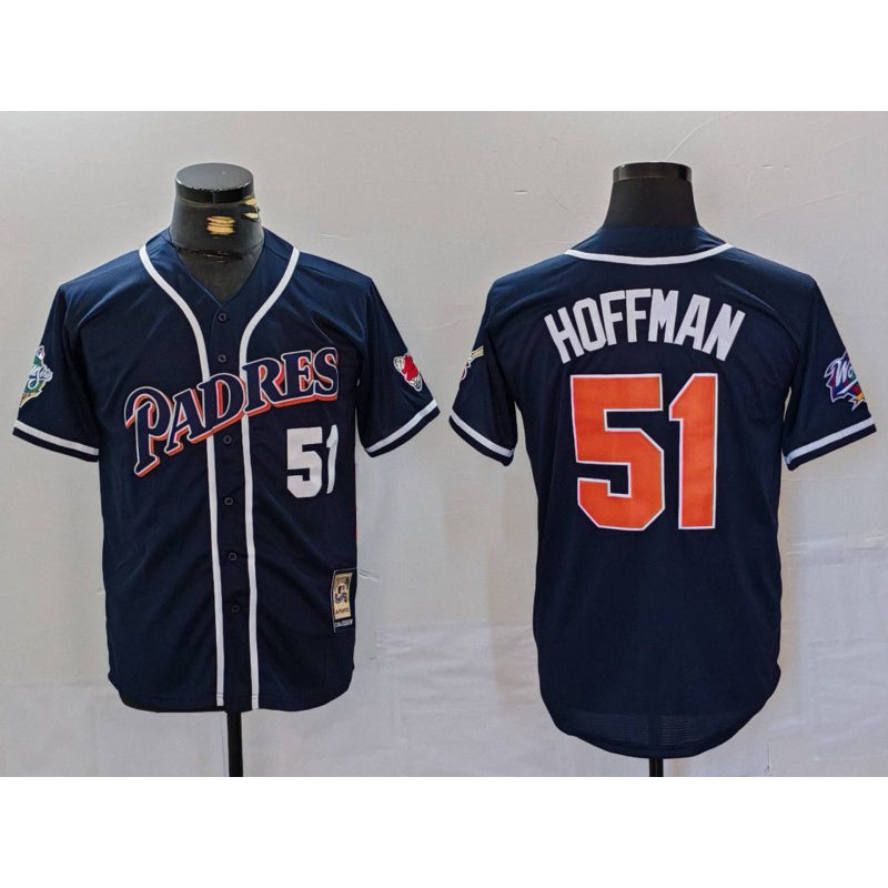 San Diego Padres #51 Trevor Hoffman Navy MWATKINS Player Number Cooperstown Cool Base Jersey