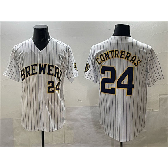 Milwaukee Brewers #24 William Contreras White MWATKINS Pinstripe 2025 With Patch Stitched Stitched Jersey