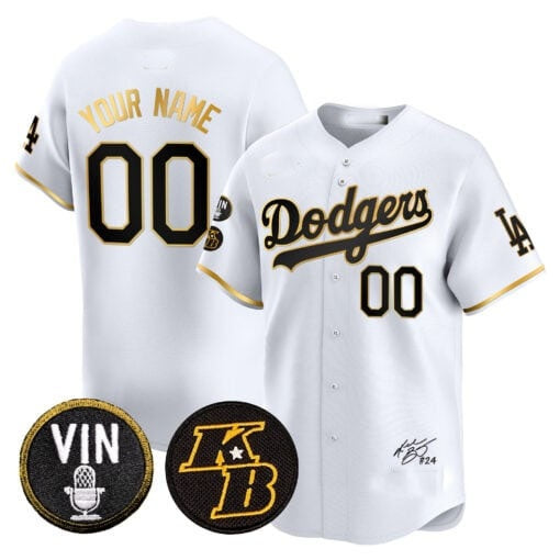 Custom Los Angeles Dodgers Vin Patch & Kobe Bryant Signature Vapor Premier Limited Jersey ¨C White Gold MWATKINS