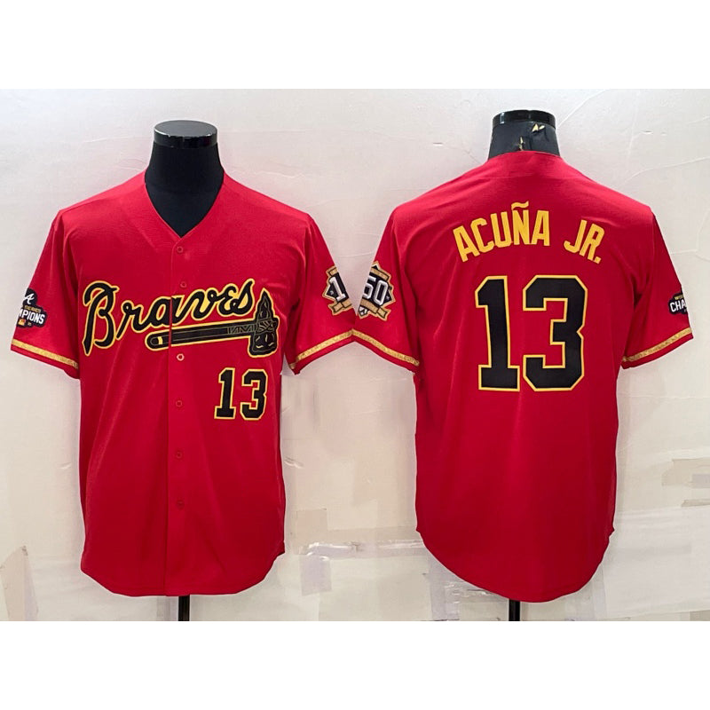 Atlanta Braves #13 MWATKINSld Acuna Jr Red Gold MWATKINS World Series Champions Program Cool Base Stitched Jersey