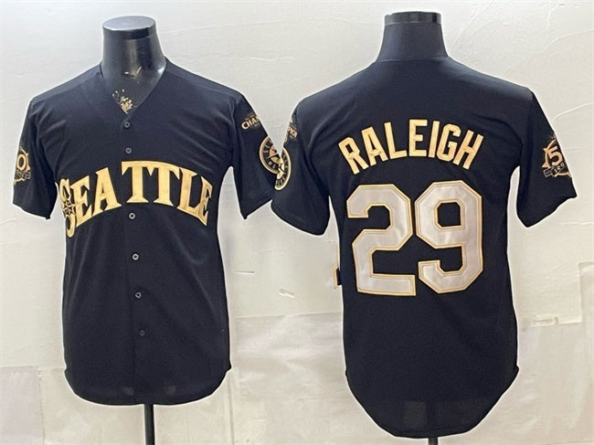 Seattle Mariners #29 Cal Raleigh Black Gold MWATKINS 50th Anniversary & AL West Division Champions Patch Vapor Limited Stitched ersey