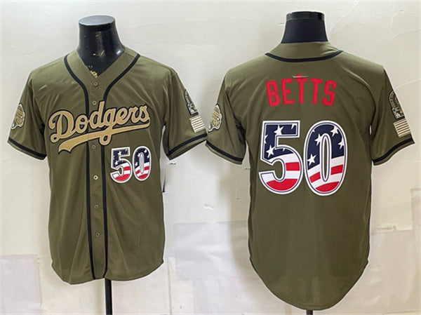 Los Angeles Dodgers #50 Mookie Betts Olive MWATKINS 2026 Armed Forces Day 250 Fourth of July Stitched Jersey