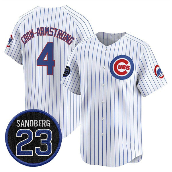 Chicago Cubs #4 Pete Crow-Armstrong White MWATKINS Pinstripe 'Ryne Sandberg Tribute' Vapor Limited V2 Stitched Jersey