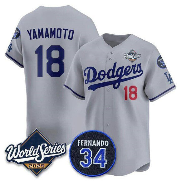 Los Angeles Dodgers #18 Yoshinobu Yamamoto Gray MWATKINS 2025 World Series With No. 34 Patch Limited Stitched Jersey