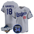 Los Angeles Dodgers #18 Yoshinobu Yamamoto Gray MWATKINS 2025 World Series With No. 34 Patch Limited Stitched Jersey