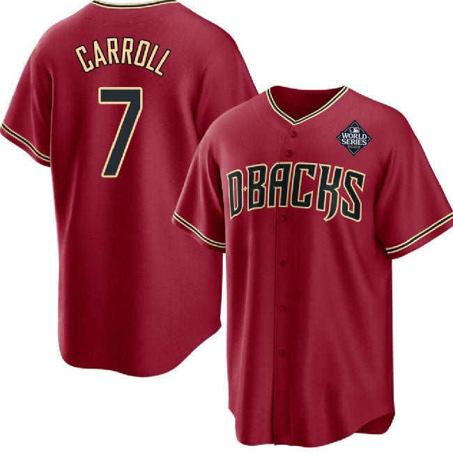 Arizona Diamondbacks #7 Corbin Carroll Red MWATKINS 2023 World Series Cool Base Stitched Jersey
