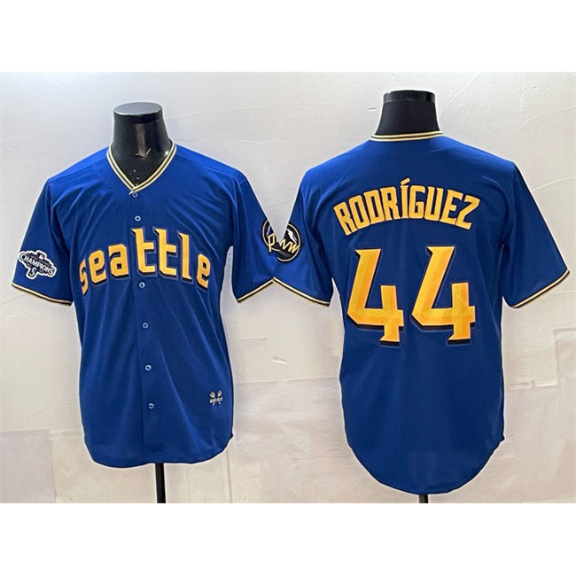 Seattle Mariners #44 Julio Rodr¨ªguez Royal MWATKINS With 2025 AL West Division Champions Patch City Connect Limited Stitched Jersey