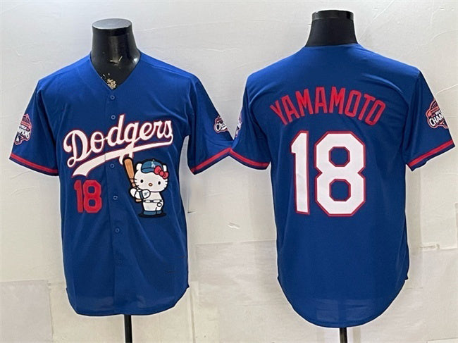 Los Angeles Dodgers #18 Yoshinobu Yamamoto Royal MWATKINS Hello Kitty Night 2025 World Series Champions Patch Stitched Jersey