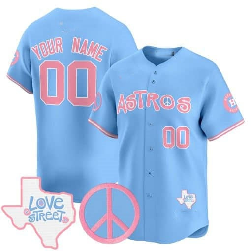 Custom Houston Astros Love Street & Peace Sign Patch Bubblegum Pink Vapor Premier Limited Jersey ¨C All Stitched Blue MWATKINS