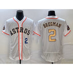 Houston Astros #2 Alex Bregman Number 2023 White Gold MWATKINS World Serise Champions Patch Flex Base Stitched Jersey 3