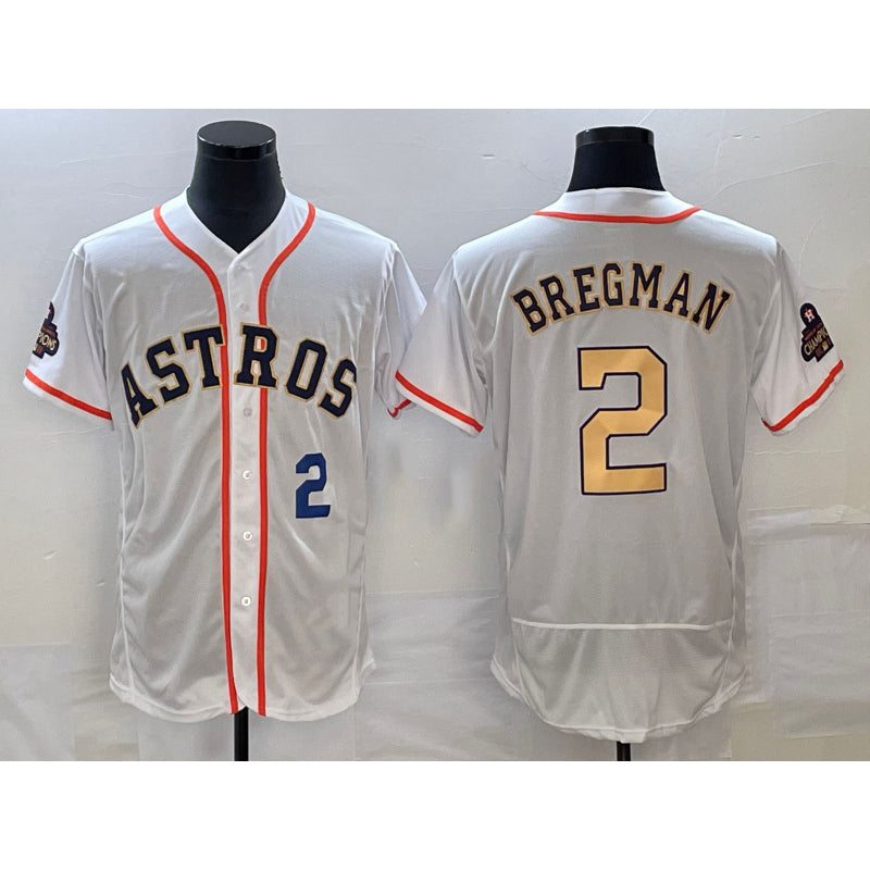 Houston Astros #2 Alex Bregman Number 2023 White Gold MWATKINS World Serise Champions Patch Flex Base Stitched Jersey 3