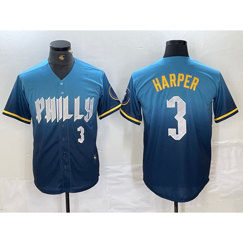 Philadelphia Phillies #3 Bryce Harper Number Blue MWATKINS 2024 City Connect Limited Stitched Jersey