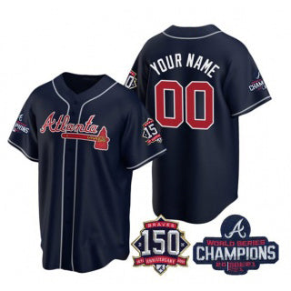 Custom Atlanta Braves Navy MWATKINS Active Player 2021 World Series Chimpions With 150th Anniversary Cool Base Stitched Jersey