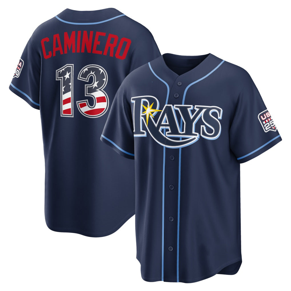 Tampa Bay Rays #13 Junior Caminero USA 250 Fourth of July Road Stadium Jersey - Navy MWATKINS