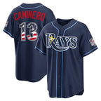 Tampa Bay Rays #13 Junior Caminero USA 250 Fourth of July Road Stadium Jersey - Navy MWATKINS