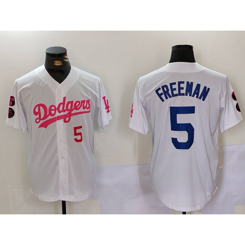 Los Angeles Dodgers #5 Freddie Freeman White Pink MWATKINS Vin & Kobe Patch Stitched Jerseys