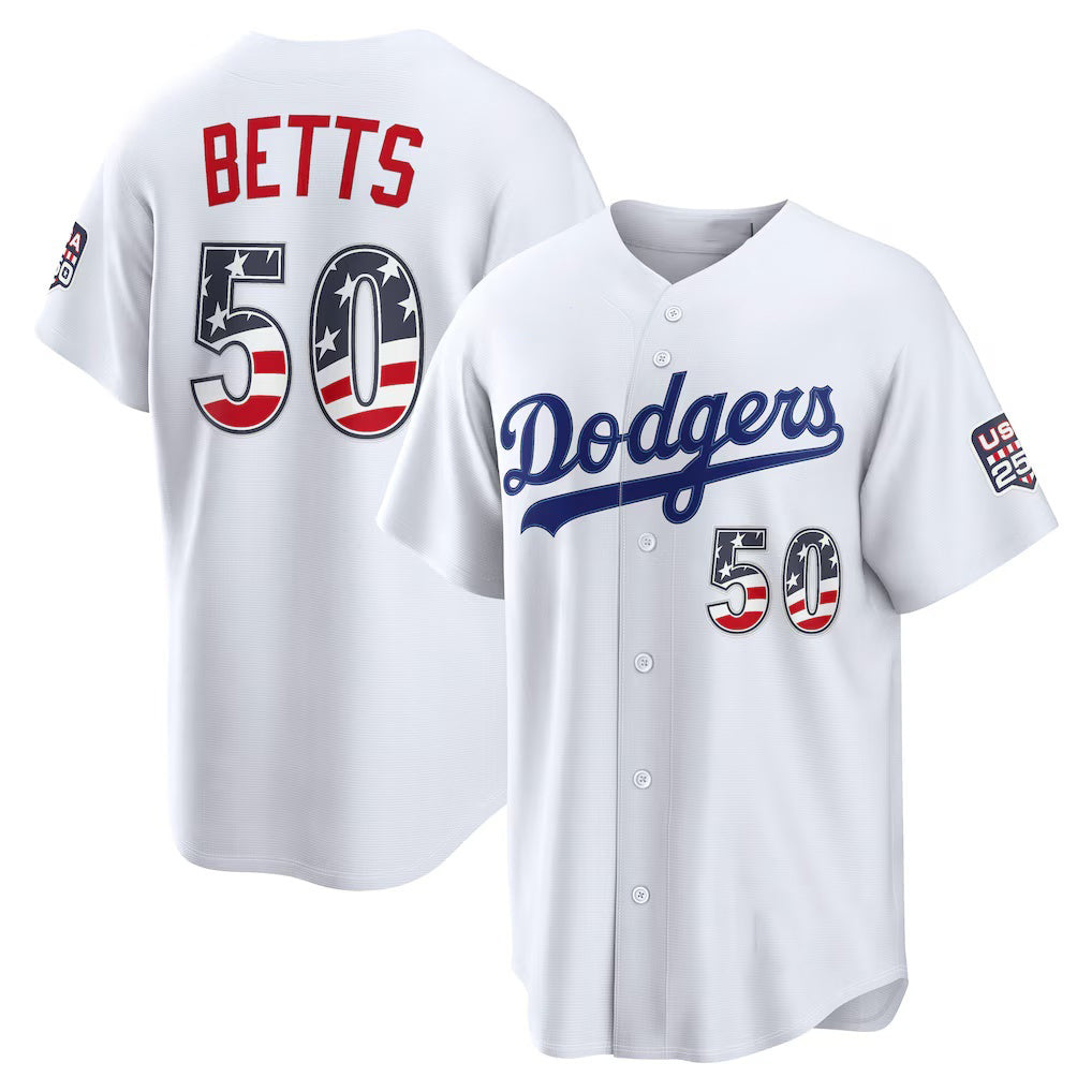Los Angeles Dodgers #50 Mookie Betts White MWATKINS USA 250 Fourth of July Home Stadium Jersey