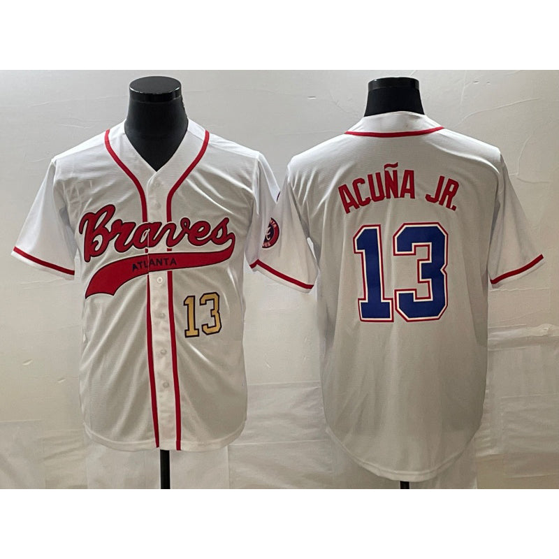 Atlanta Braves #13 MWATKINSld Acuna Jr Number White MWATKINS Cool Base With Patch Stitched Jersey