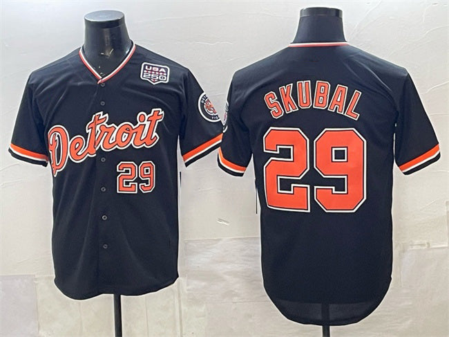 Detroit Tigers #29 Tarik Skubal Navy MWATKINS 2026 Alternate USA 250' Patch Vapor Premier Limited Stitched Jersey